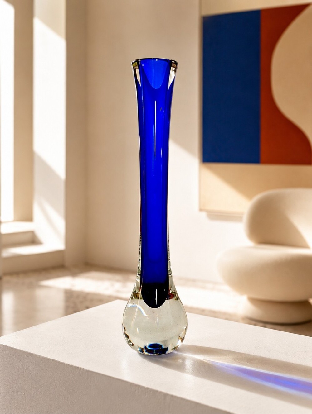 Vintage Cobalt Blue Clear Cased Art Glass Bud Vase MCM 13"